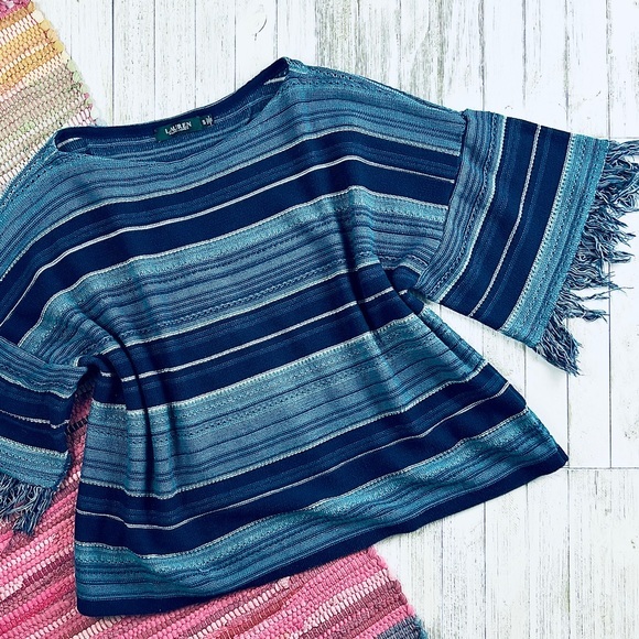 Lauren RL Striped Serape Fringed Short Sleeve Sweater - Picture 8 of 14
